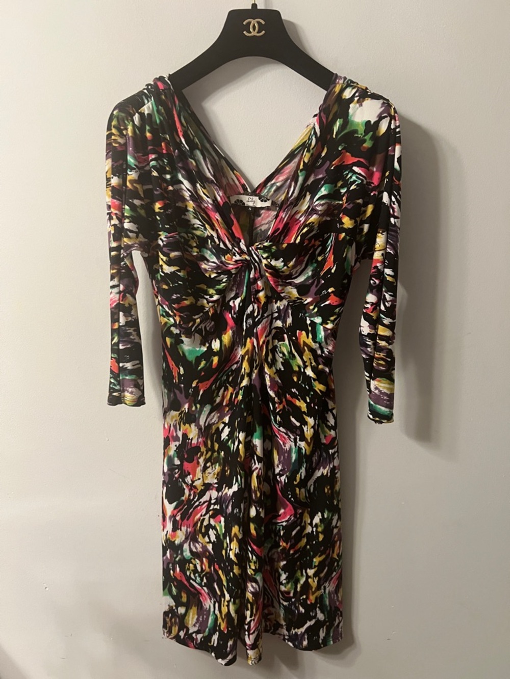 Lily Black Multicolor Twist-Front Long Sleeve Midi Dress